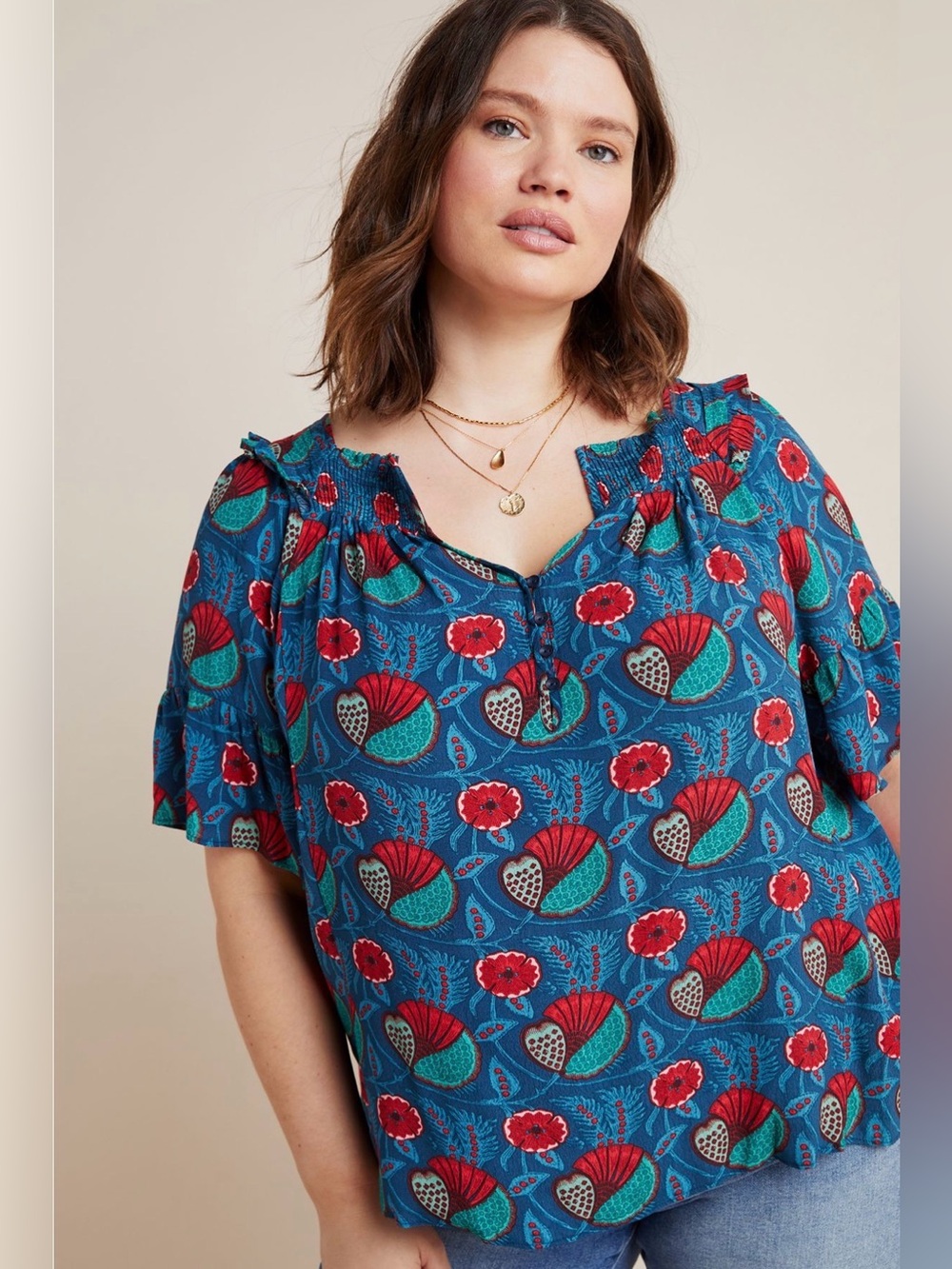 Anthropologie. Maeve Letitia Smocked blouse. Blue Motif. Size Large.